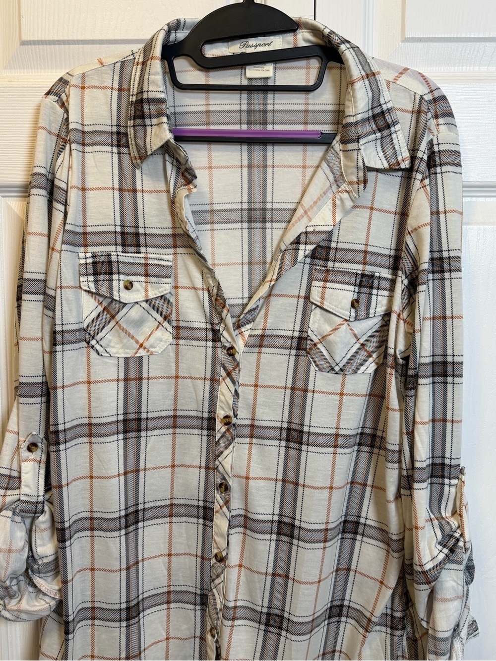 Passport Plaid Button Front Roll Tab Sleeve Shirt XL Beige Black Orange - Picture 2 of 6